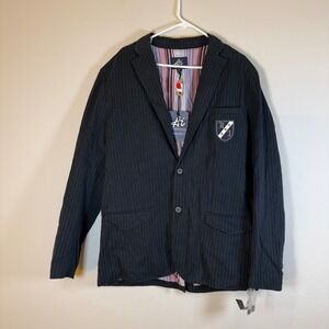 Authentic Icon Mens Black Pinstripe Blazer Crest Patch Lined Size L